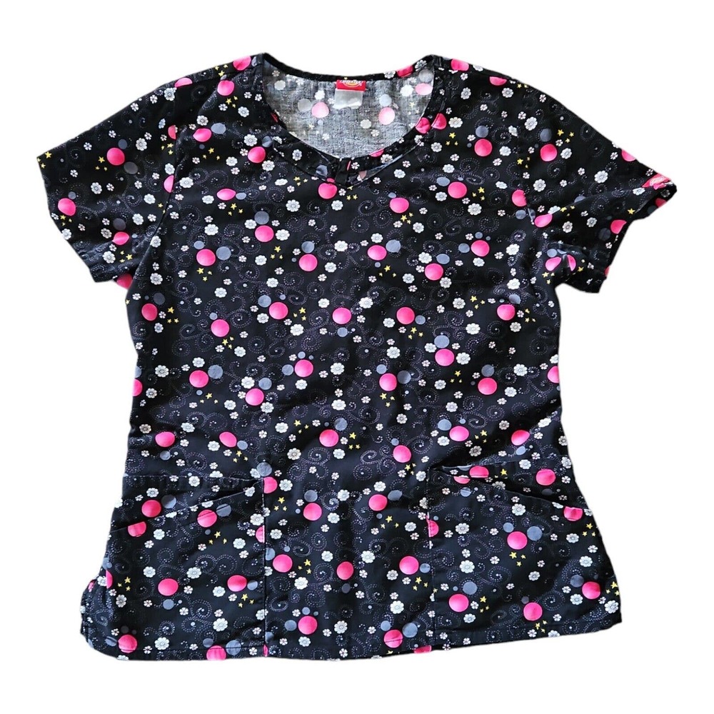 Dickies Scrubs Top Women's Small Paisley 2 Pockets Banded Collar